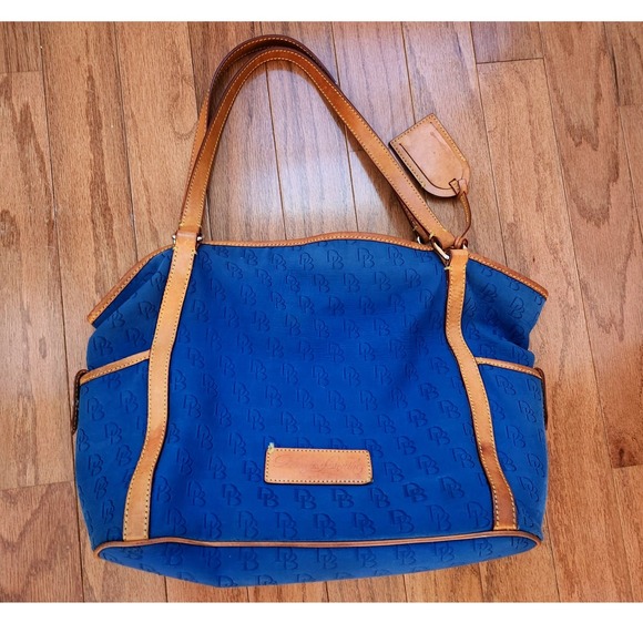 Dooney & Bourke Blue Purse DB Logo Canvas Leather Trimmed Satchel Tote Bag‎ - Picture 1 of 13